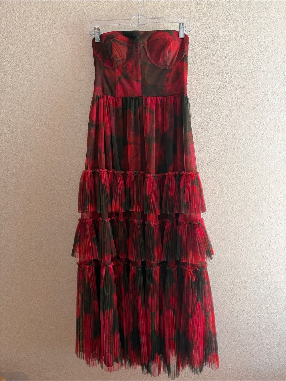 Hutch Isabella Gown Olive Blotted Floral Strapless Tiered Maxi Dress Size 4 - Picture 3 of 9